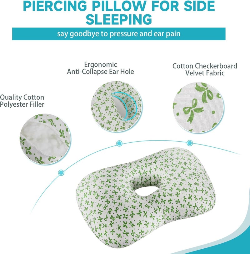 Wuronsa Ear Piercing Pillow with an Ear Hole, Cotton and Polyester Side Sleeping Pillow for CNH and Ear Pain Ear Inflammation Pressure Sores for Side Sleepers, Ear Guard Pillow (Green Flower) - Image 2